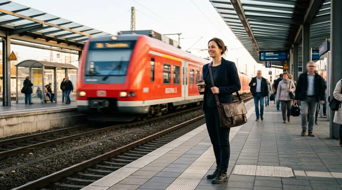 Berufstätiger mit Tasche am Bahnsteig im Morgenlicht, Aufbruch zu einem neuen Job