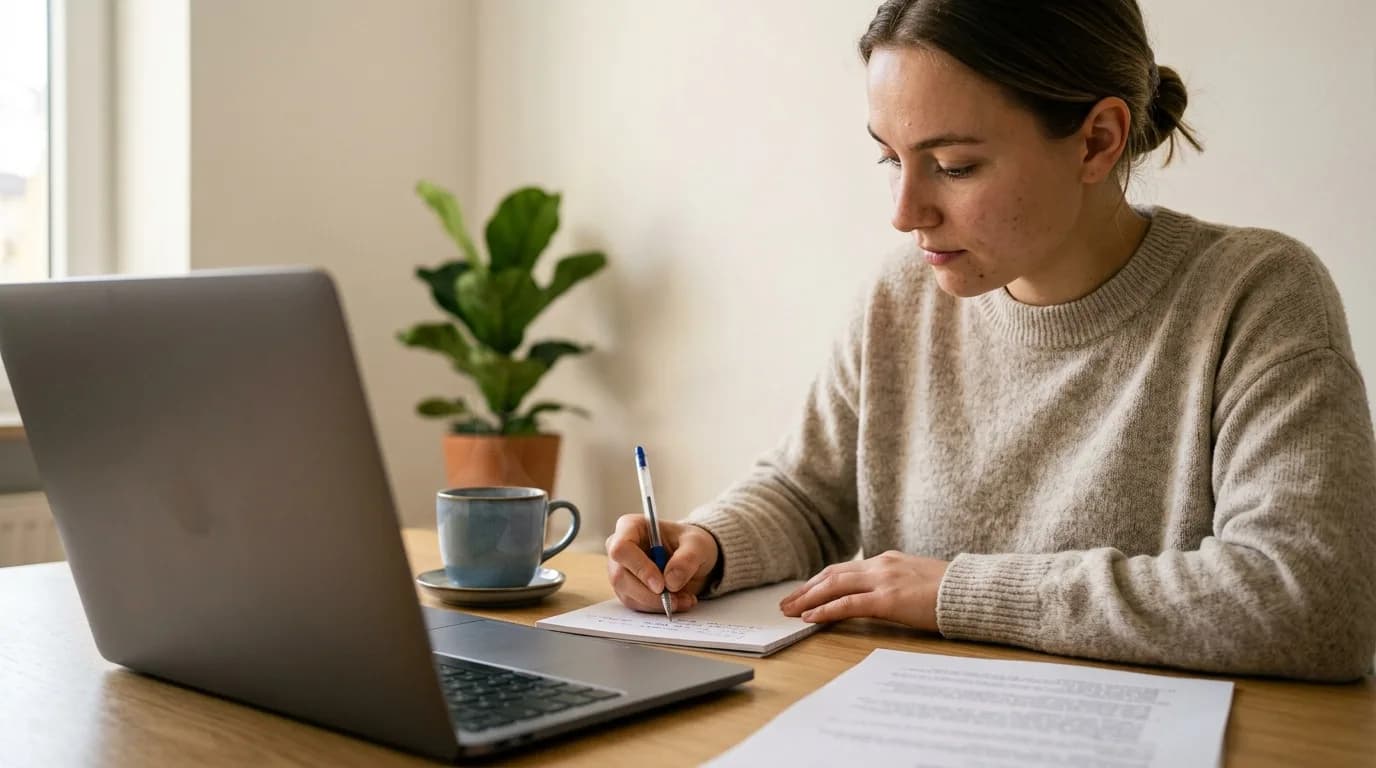 Eine junge Frau arbeitet am Laptop an ihrem Lebenslauf, daneben Notizzettel und eine Tasse Tee