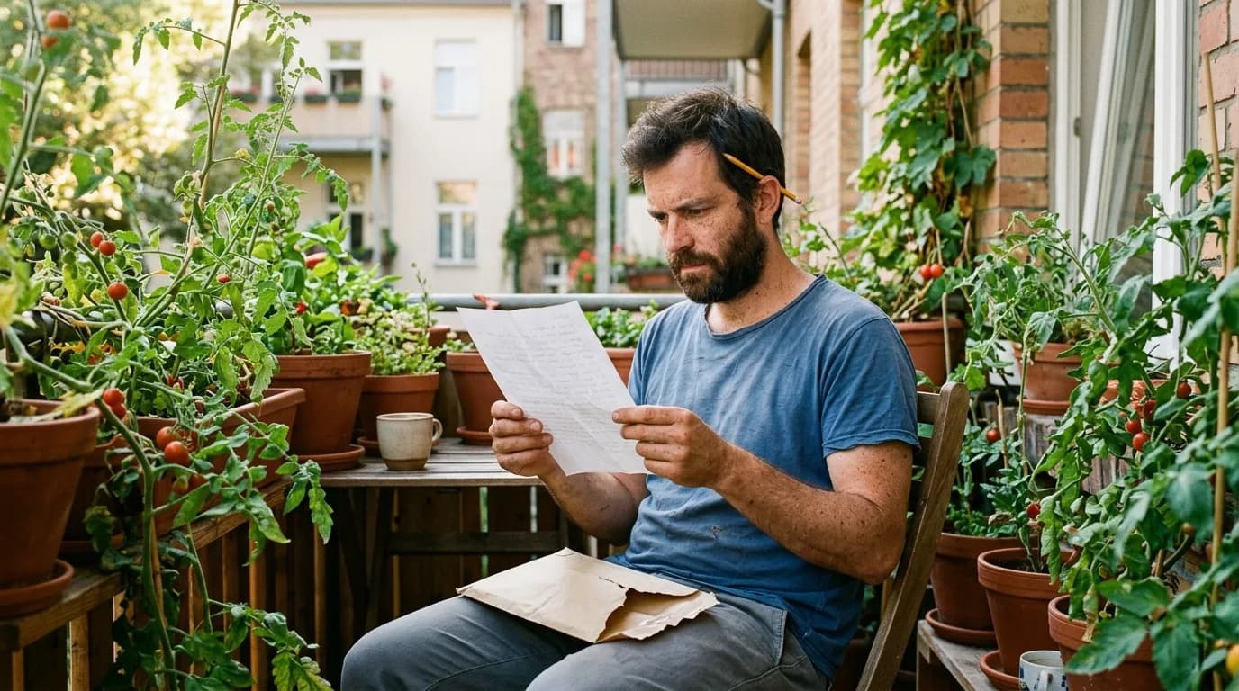Mann sitzt am Sonntagnachmittag auf seinem Balkon zwischen Tomatenpflanzen und prüft mit nachdenklichem Blick ein Blatt aus einem geöffneten Briefumschlag