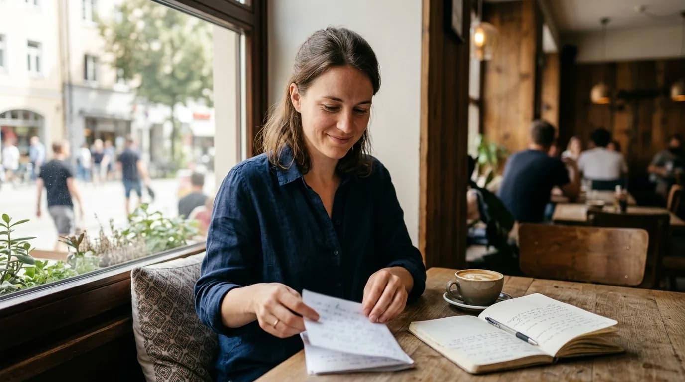Eine Person sitzt mit Kaffee und Notizbuch am Fenster und ordnet ihre beruflichen Unterlagen