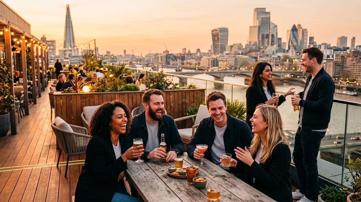 Team feiert entspannt nach Feierabend auf einer Dachterrasse im Abendlicht