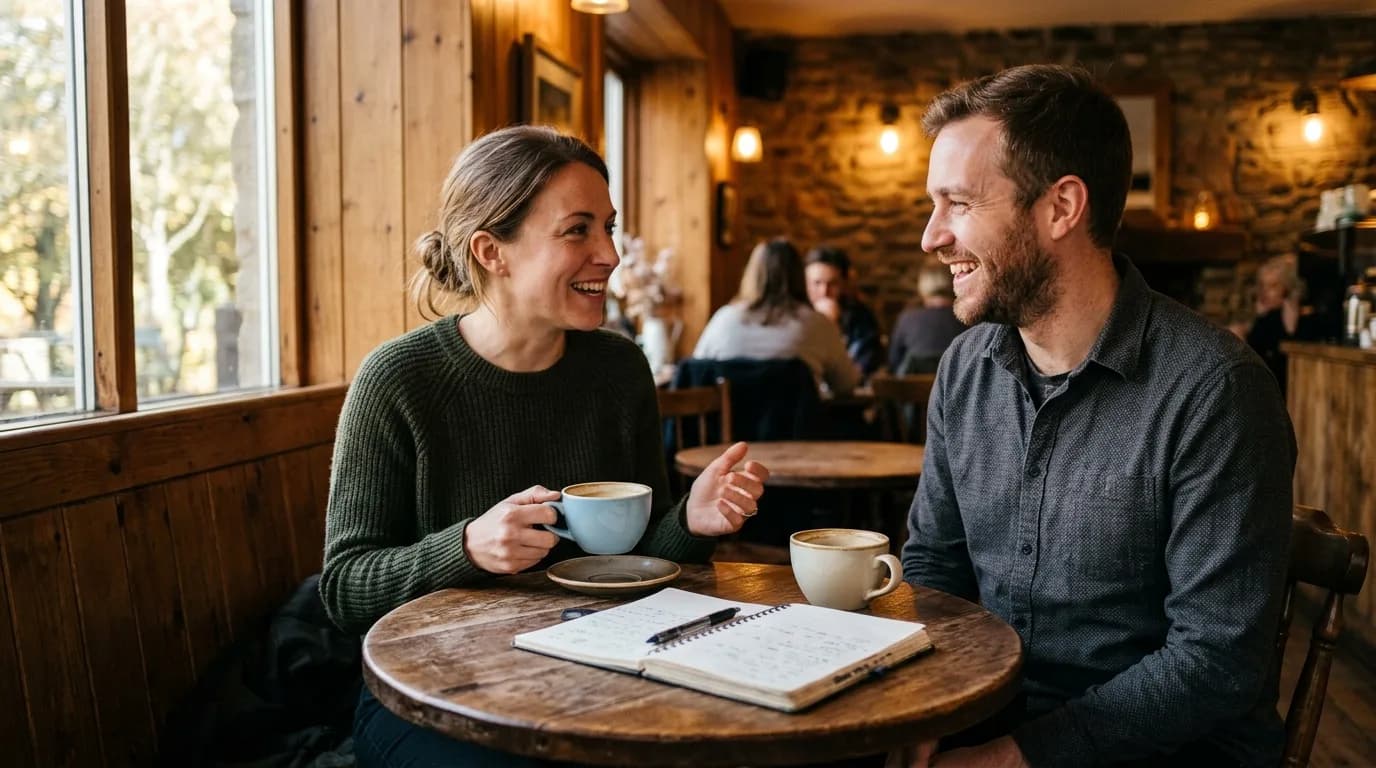 Wertschätzendes Mitarbeitergespräch an einem runden Holztisch mit Notizbuch
