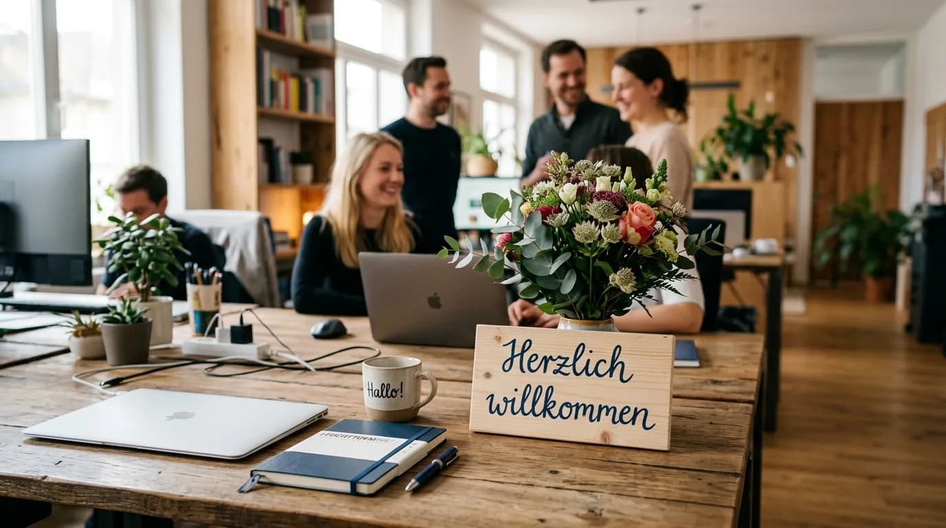 Vorbereiteter Arbeitsplatz mit Willkommensschild, Blumen und Laptop für eine neue Mitarbeiterin