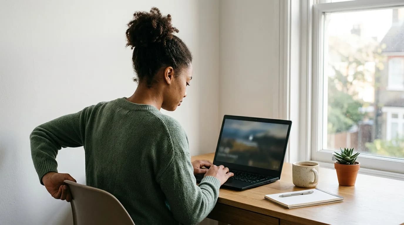 Aufgeräumter Heim-Arbeitsplatz mit Laptop an einem Fenster im Morgenlicht