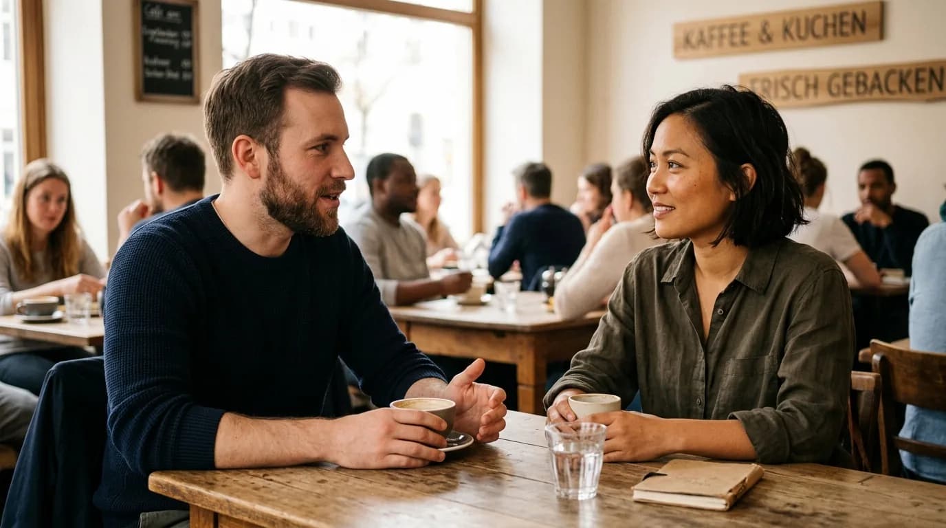 Zwei Menschen im vertrauensvollen Gespräch an einem hellen Tisch
