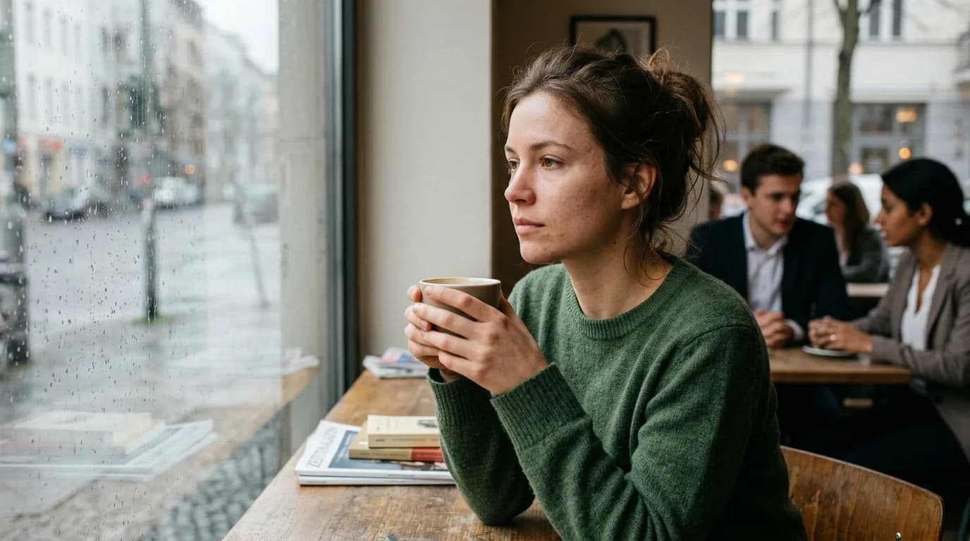 Nachdenkliche Person mit Kaffeetasse am Fenster, ruhig und in sich gekehrt