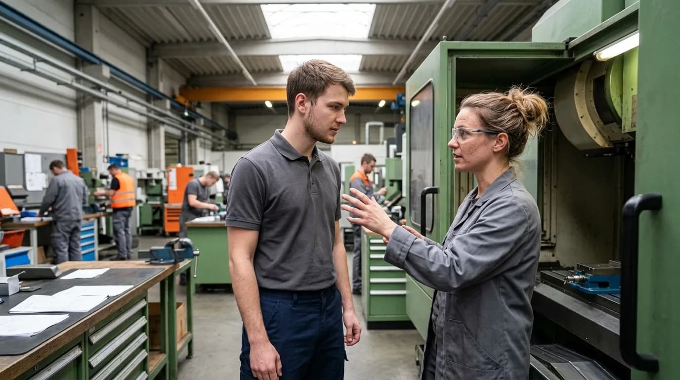 Neuer Mitarbeiter lässt sich in der Montagehalle eines Maschinenbauers von einer erfahrenen Kollegin eine Anlage erklären