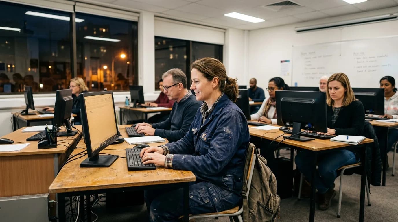 Fachkraft in Arbeitskleidung bei einer Abend-Weiterbildung am Computer