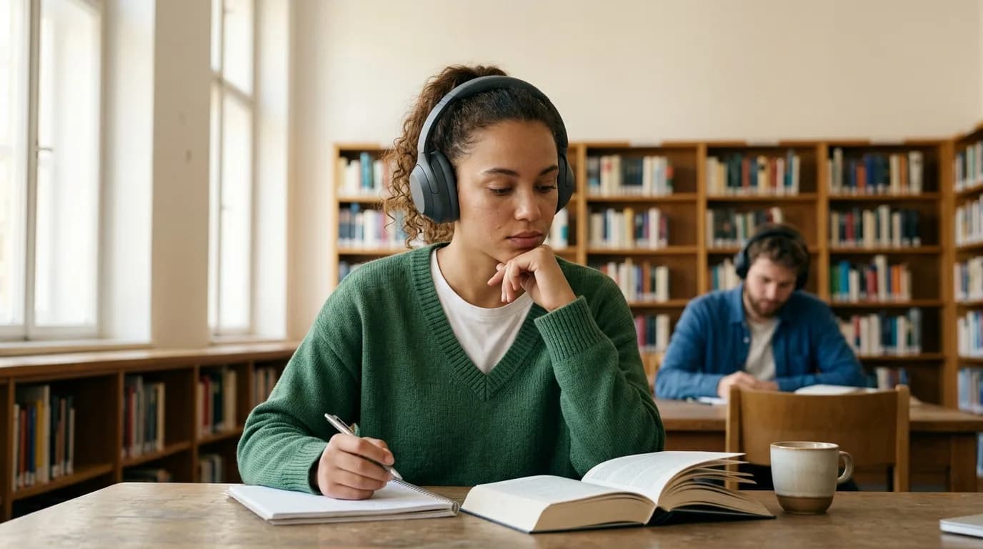 Person mit Kopfhörern lernt konzentriert in einer hellen, ruhigen Bibliotheksecke