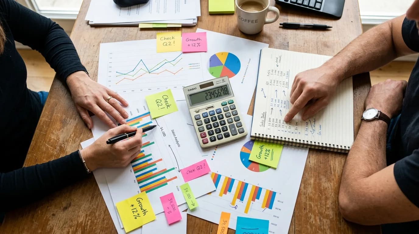 Taschenrechner, Diagramme und Notizen zu Vakanzkosten auf einem Schreibtisch von oben