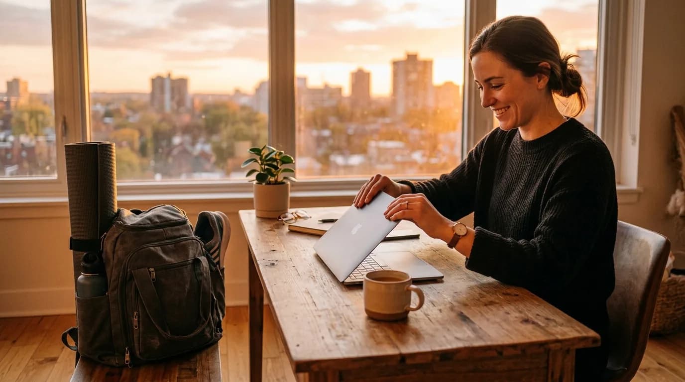 Laptop wird zum Feierabend zugeklappt, daneben steht die gepackte Sporttasche